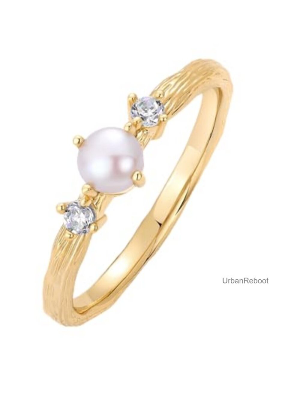 14K Gold Plated Pearl Hammered Ring for Women Dainty Stackable CZ Thin Band
